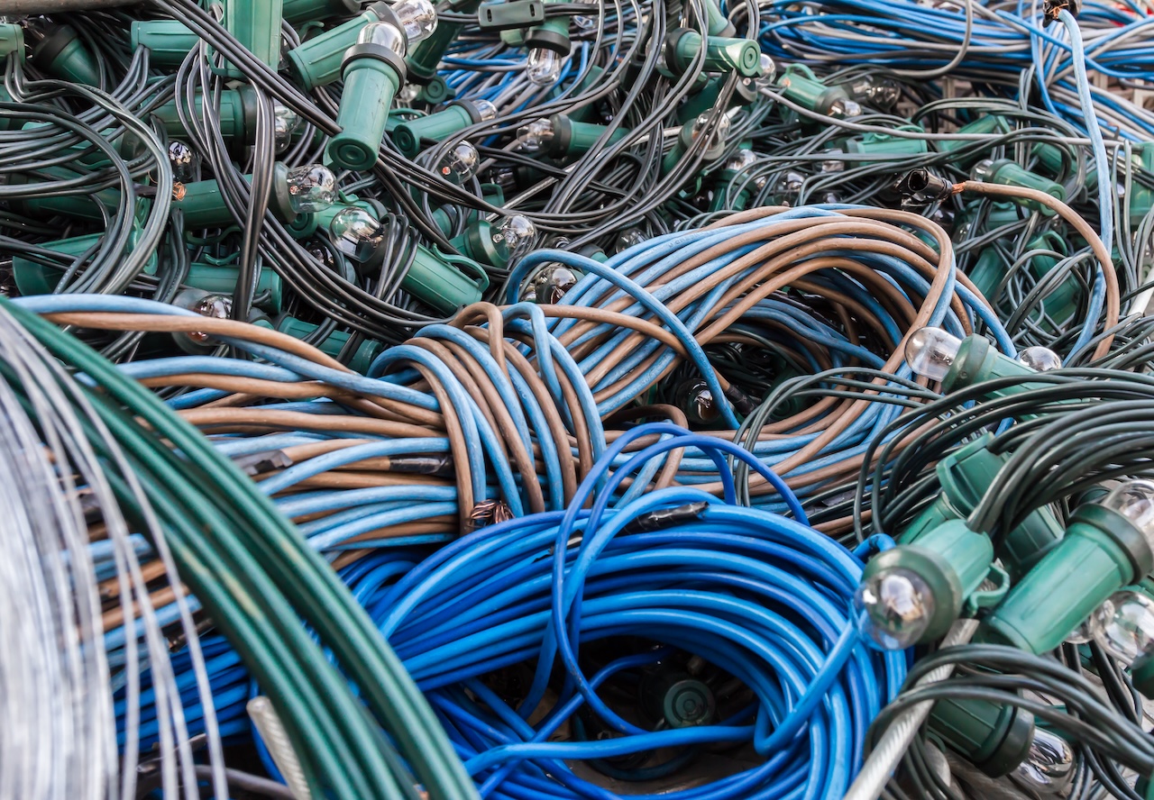 Mess of tangled old-style lights. Shallow DOF